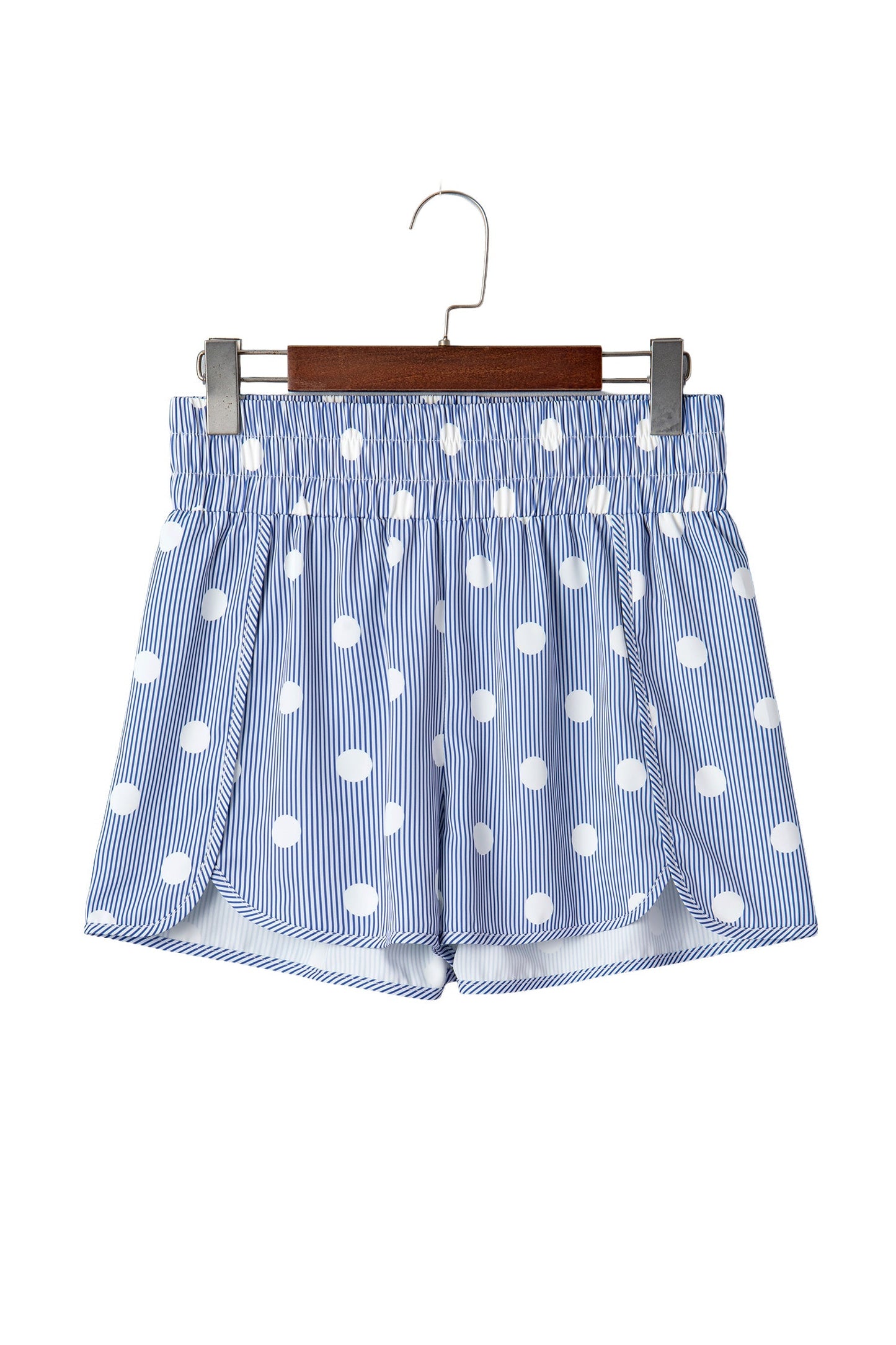 Sky Blue Polka Dot Print Shirred High Waist Casual Shorts