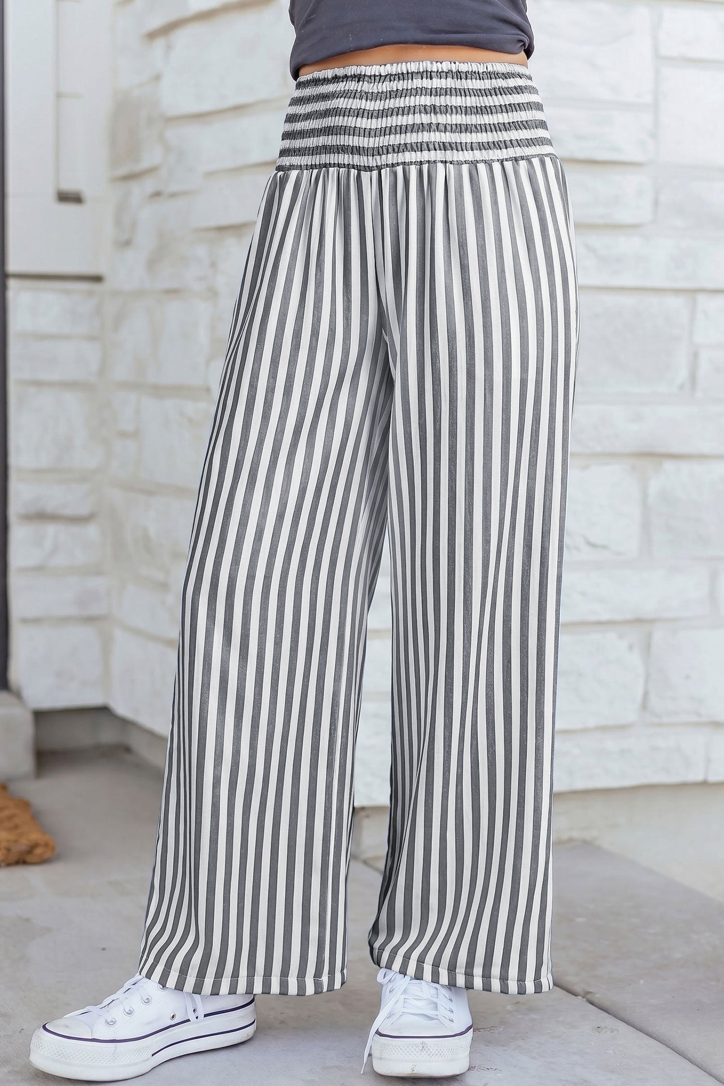 Black Stripe Shirred High Waist Loose Summer Pants