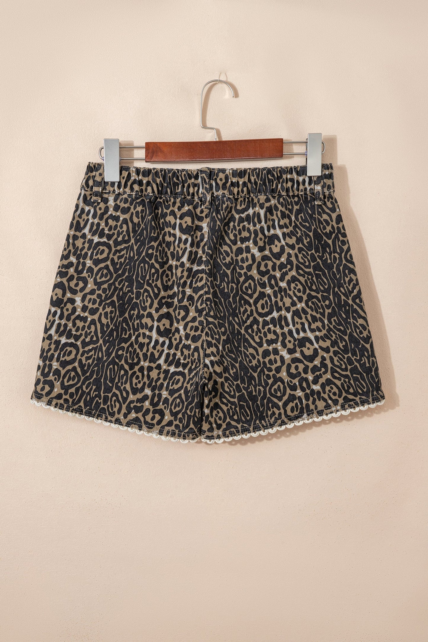 Khaki Contrast Scalloped Lace Trim Leopard Denim Shorts