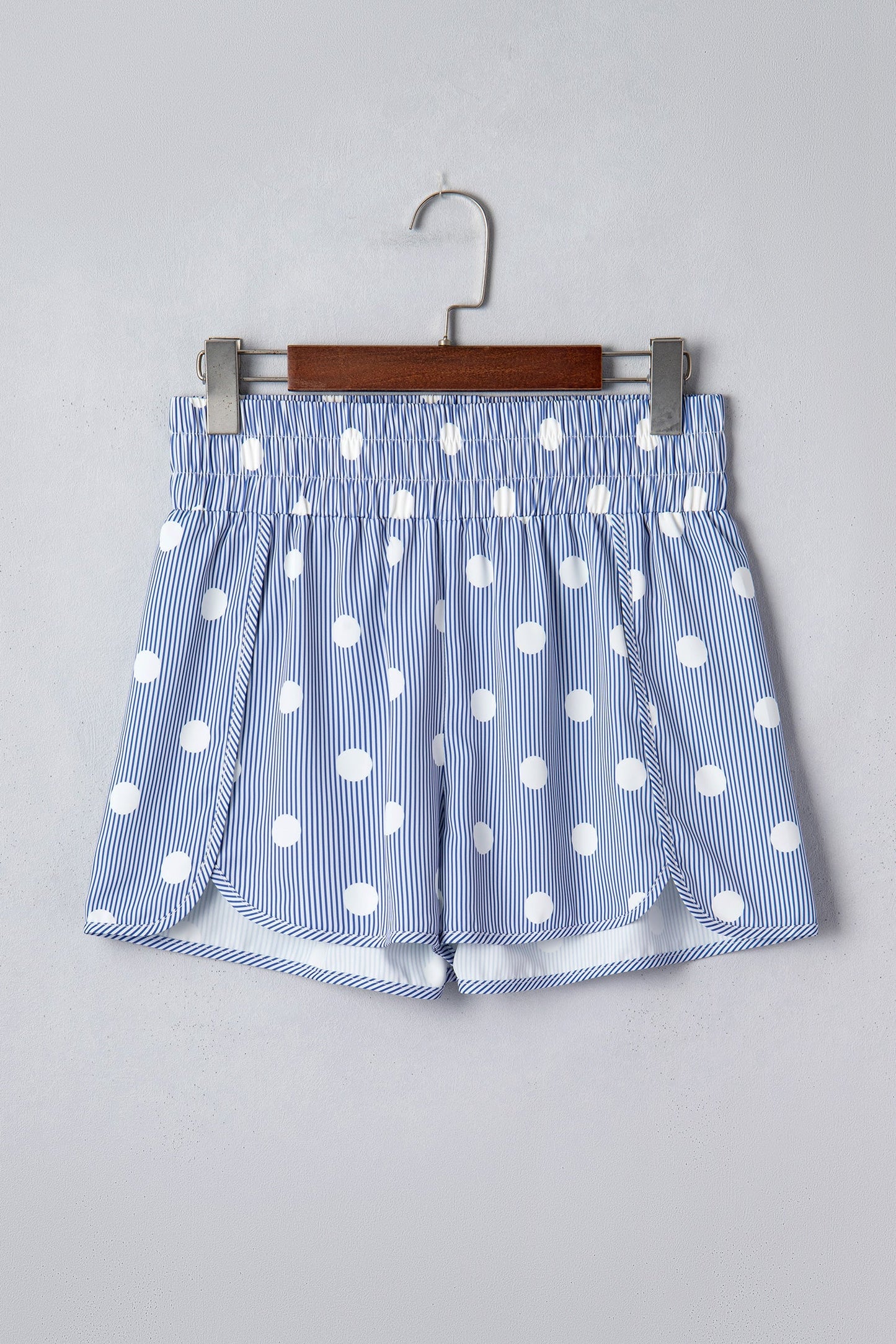 Sky Blue Polka Dot Print Shirred High Waist Casual Shorts